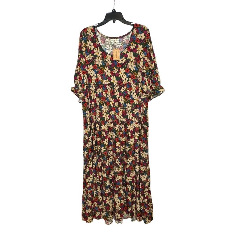 Natural Life Collette Tiered Maxi Tiered Dress Green White Lilies Floral XL New - Picture 2 of 16